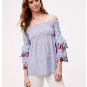 Loft Blue Striped Smocked Embroidered Floral Off Shoulder Blouse